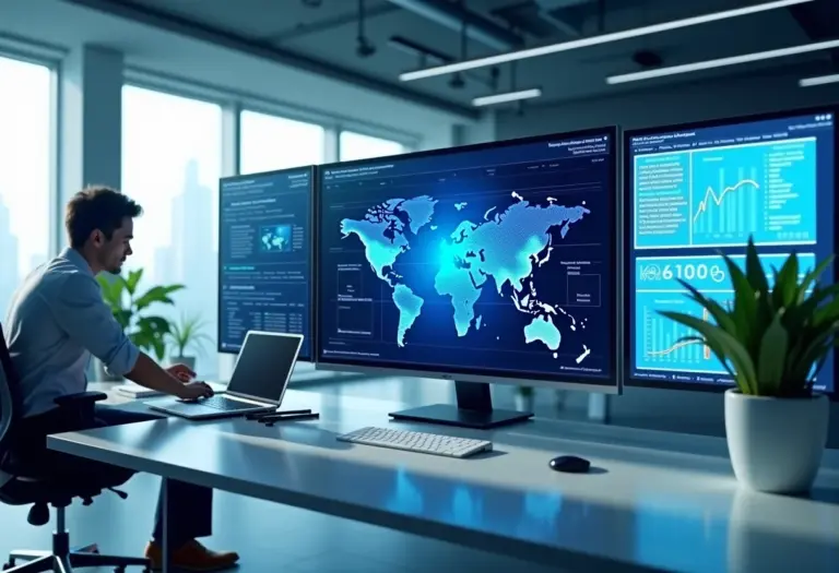 Imagem de um site de notícias exibido em um monitor em um escritório moderno, representando assessoria de imprensa digital.
