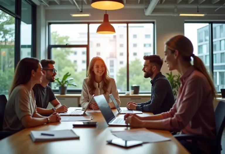 Inovação Compartilhada: Como a economia transforma o futuro Imagem panorâmica de um espaço de coworking vibrante, representando a economia compartilhada.