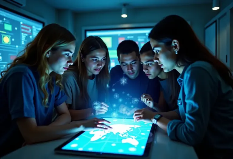 Letramento digital: como a inovação molda o futuro da educação Imagem panorâmica mostrando estudantes diversos colaborando em um projeto digital em uma sala de aula moderna.