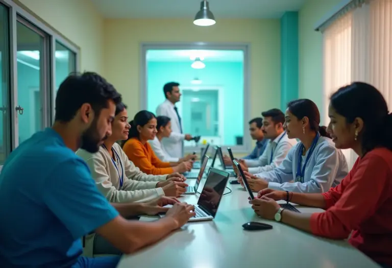 Inovação indiana em saúde: trabalhadores da saúde usando telemedicina.