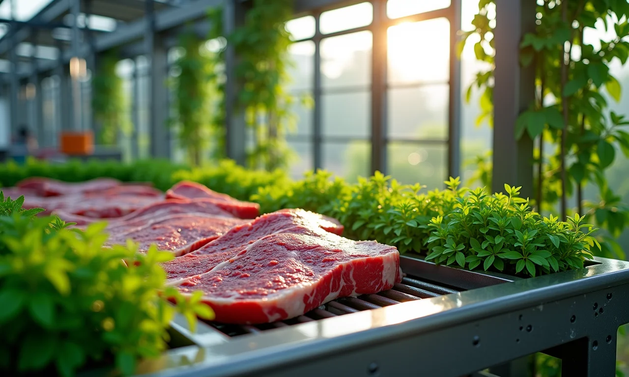 Instalação de produção de carne cultivada com energia verde e jardins verticais, foco na sustentabilidade.