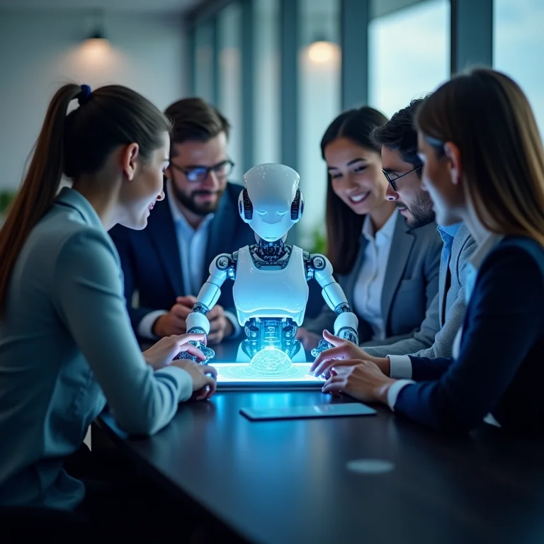 Interface de chatbot em um tablet interagindo com diversas pessoas, representando a comunicação inteligente.