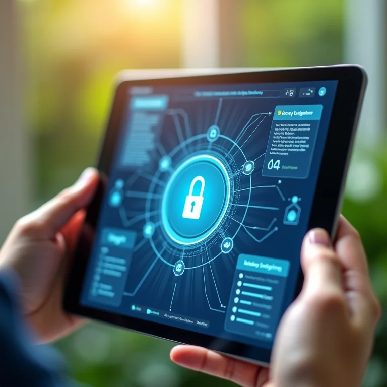 Interface de plataforma de saúde digital em tela de tablet.