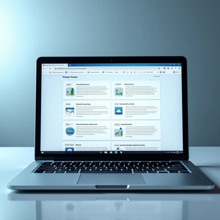 Interface de um curso online de finanças sendo exibida em um laptop.