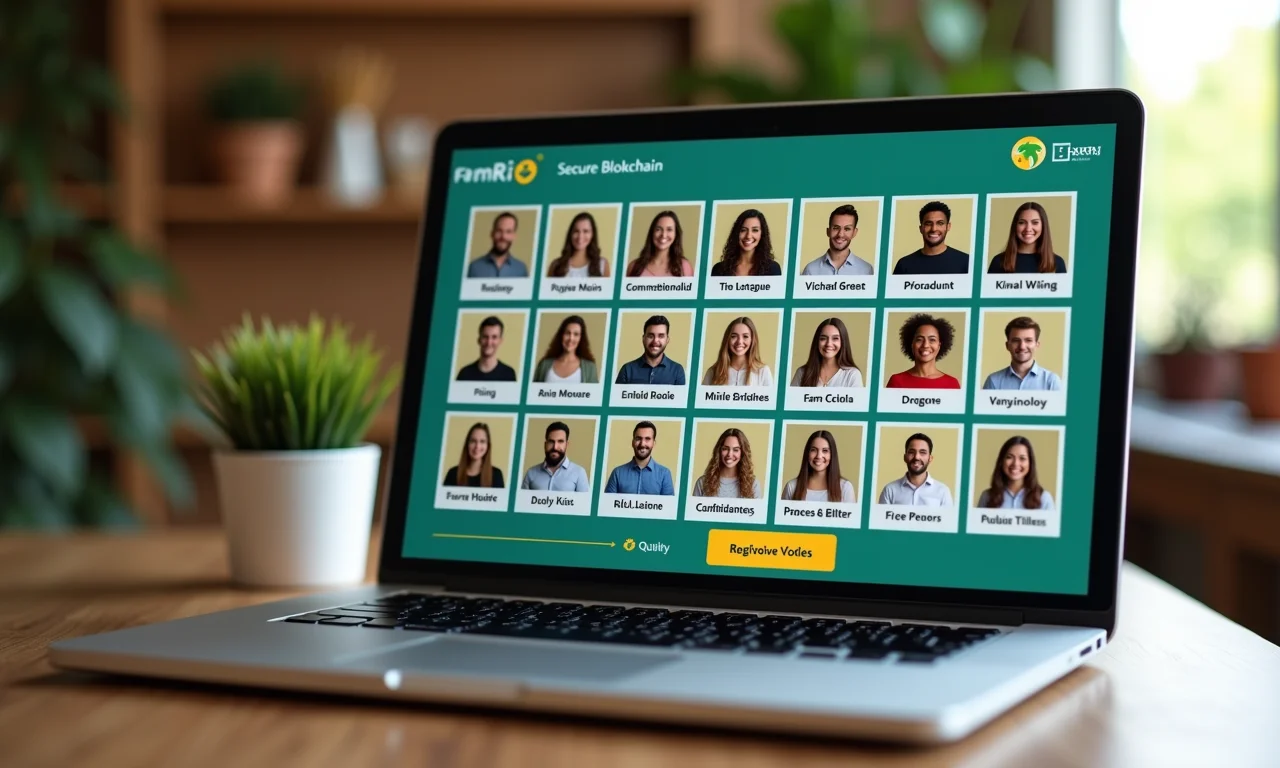 Interface de votação online segura com logo blockchain e design vibrante.
