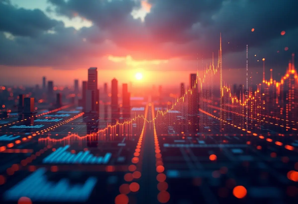 Simulador de investimentos com IA: o futuro das aplicações chegou? Interface futurista de mercado financeiro com IA prevendo tendências