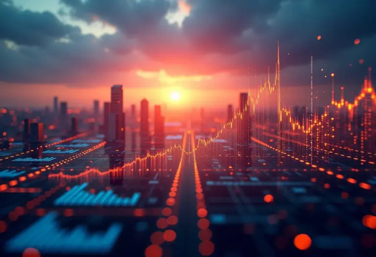 Interface futurista de mercado financeiro com IA prevendo tendências