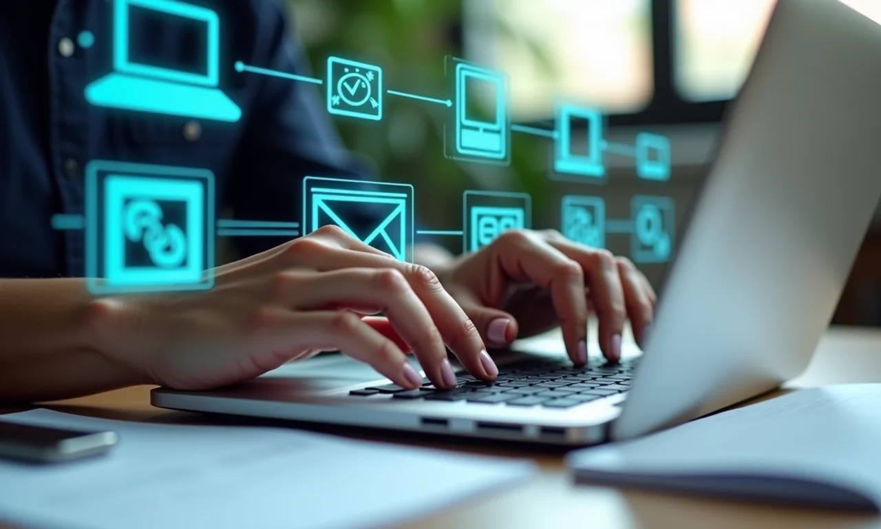 Inventário de ativos digitais em um laptop, anotações e ícones.