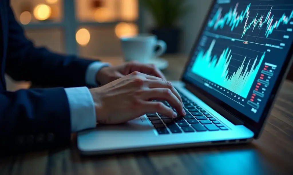 Investidor brasileiro analisando dados financeiros em um laptop seguro com interface de cibersegurança.