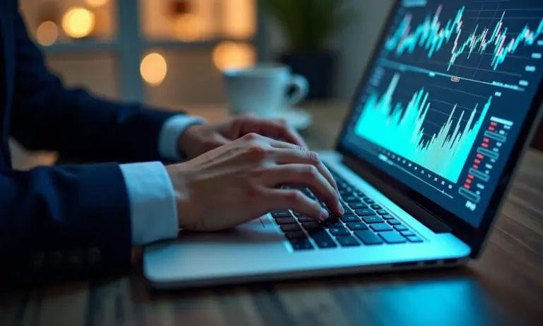 Investidor brasileiro analisando dados financeiros em um laptop seguro com interface de cibersegurança.