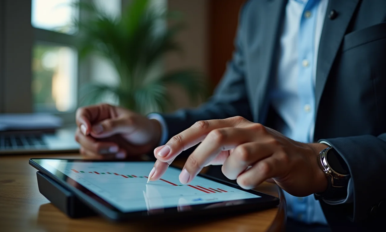 Investidor brasileiro comparando preços atuais de ações com dados históricos em um tablet, mostrando como a ancoragem se manifesta nos investimentos.