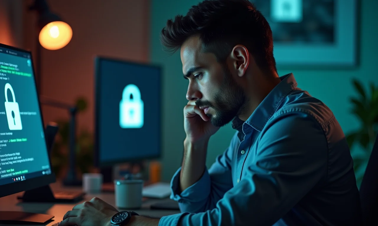 Investidor frustrado com mensagem de ransomware bloqueando seu computador.