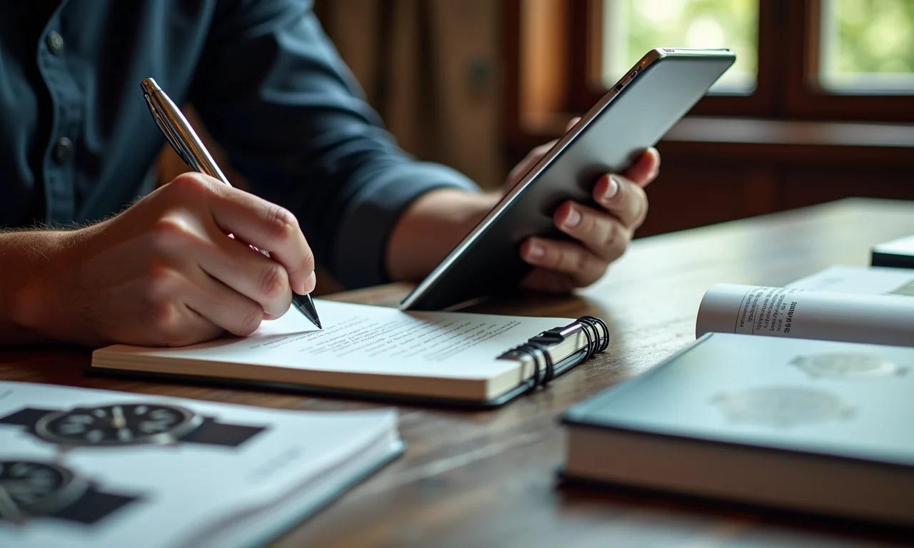 Investidor pesquisando modelos de relógios em tablet com catálogos ao redor