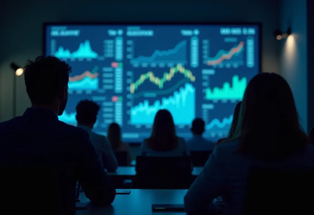 Investidores analisando dados de FIIs em tela grande