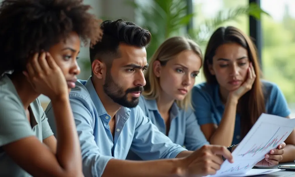 Investidores brasileiros preocupados analisando gráficos de investimento, representando a ansiedade financeira e a dificuldade de tomar decisões devido ao viés da ancoragem.