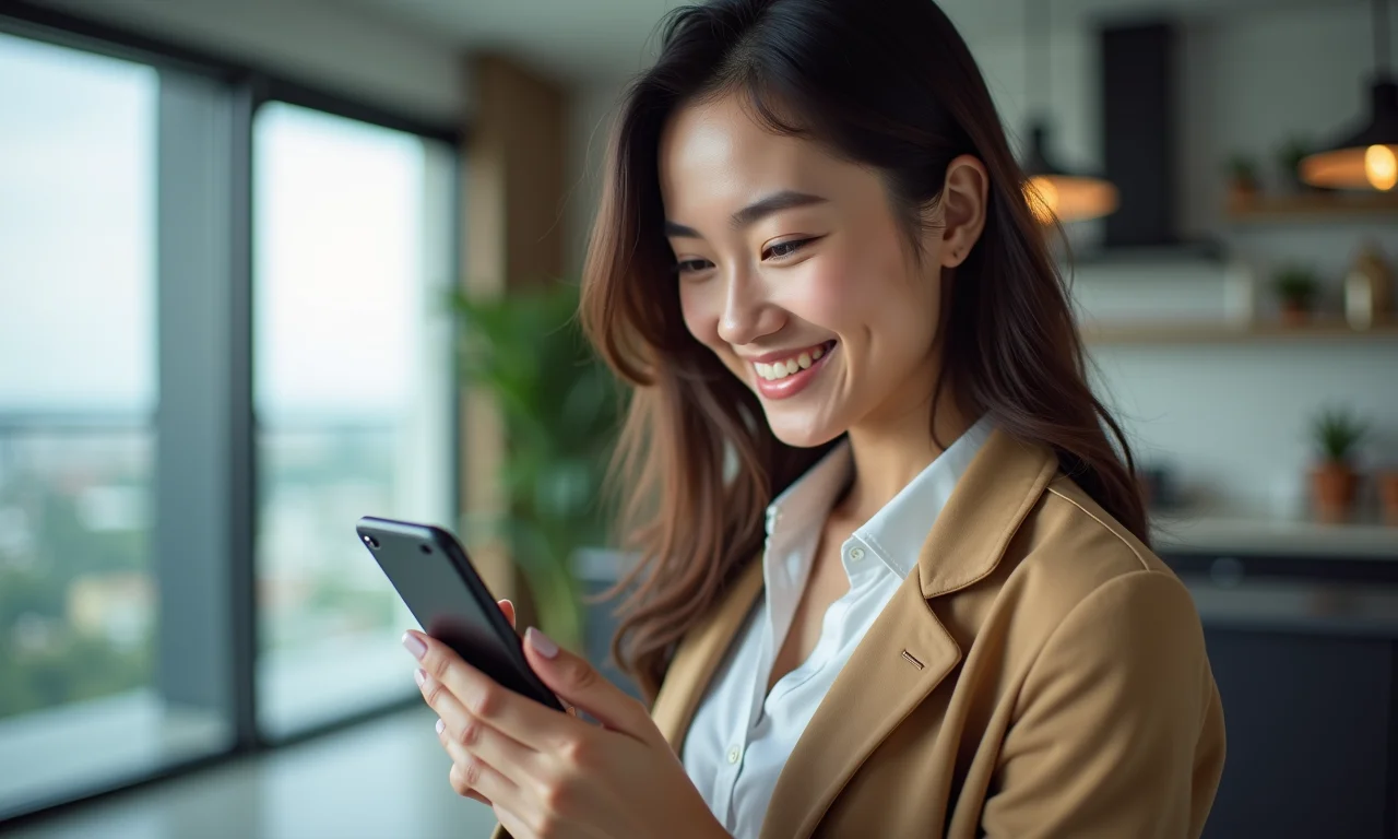 Jovem asiática usando simulador financeiro no celular e sorrindo confiante.