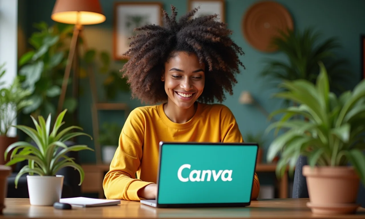 Jovem brasileira criando design gráfico no Canva em um ambiente inspirador e colorido.