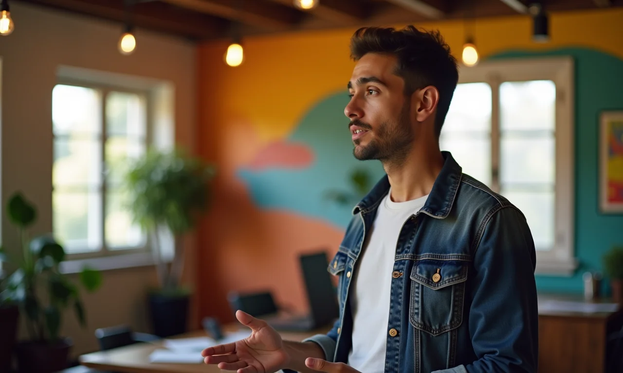 Jovem empreendedor brasileiro fazendo uma apresentação visualmente atraente em um espaço de coworking.