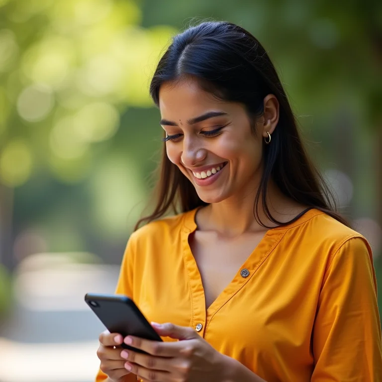 Jovem indiana utilizando um aplicativo de gestão de saúde em seu smartphone.