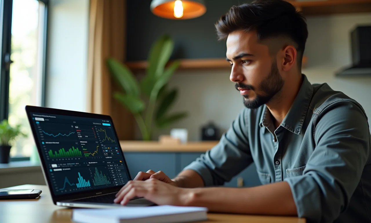 Jovem investidor analisa opções de renda variável e fixa em plataforma.