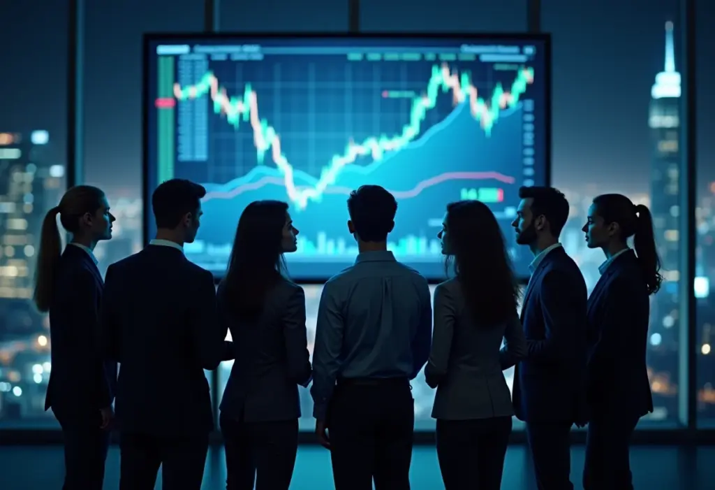 Jovens adultos analisando gráficos de investimento.