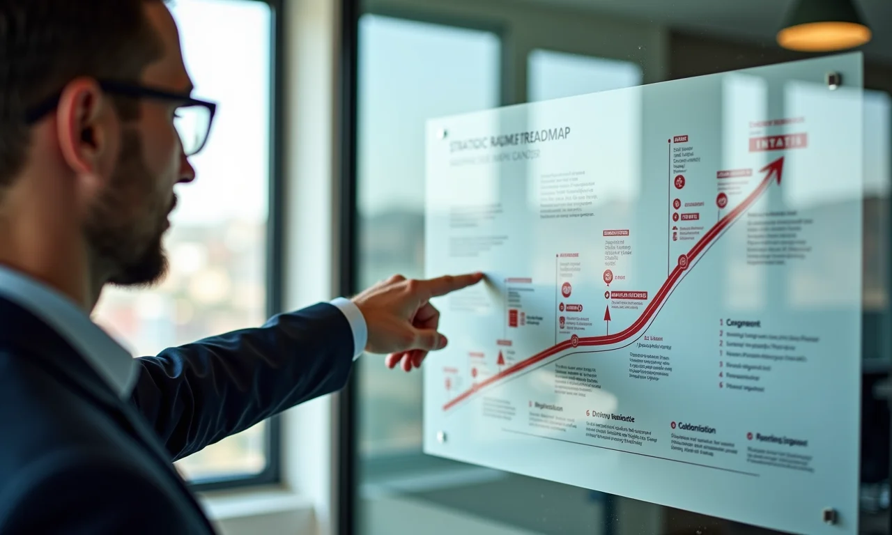Líder apontando para mapa estratégico em quadro de vidro.
