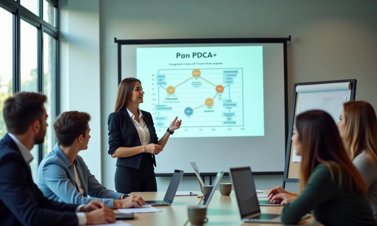 Líder apresentando melhorias do ciclo PDCA.