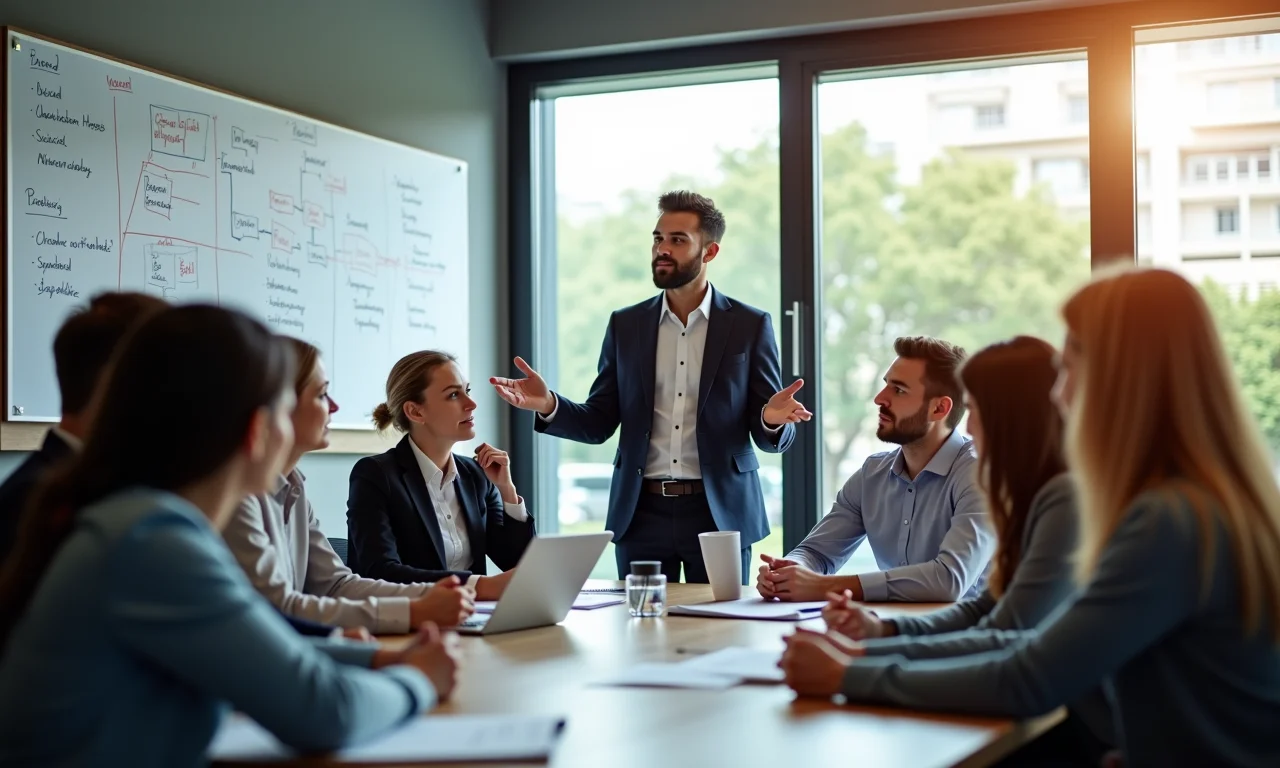 Líder fomentando o pensamento sistêmico em workshop com equipe diversificada.