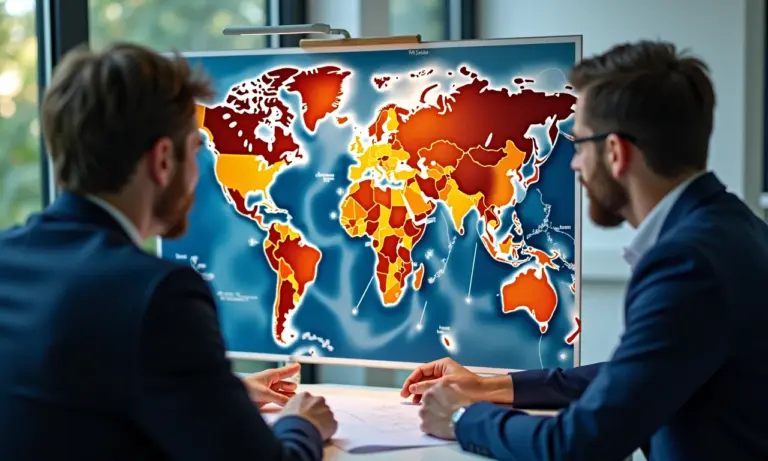 Líderes globais colaborando em mapa mundial, destacando a inovação reversa em mercados emergentes.