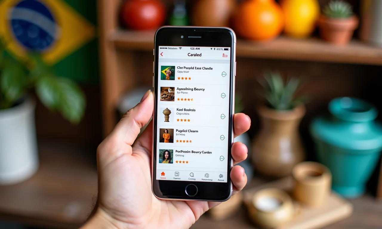 Listas de produtos selecionados em smartphone com fundo de artesanato brasileiro.
