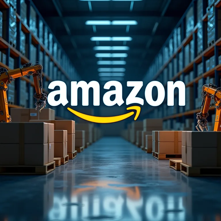 Logo da Amazon integrado em um armazém futurista