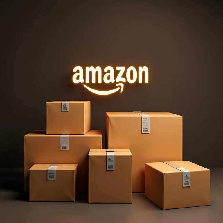 Logo da Amazon sobre uma pilha de embalagens prontas para envio.