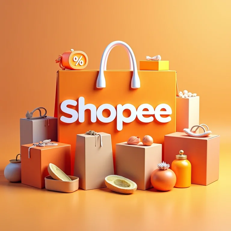 Logo da Shopee cercado por produtos com desconto.