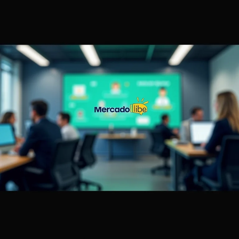Logo do Mercado Livre em destaque em um ambiente de escritório.