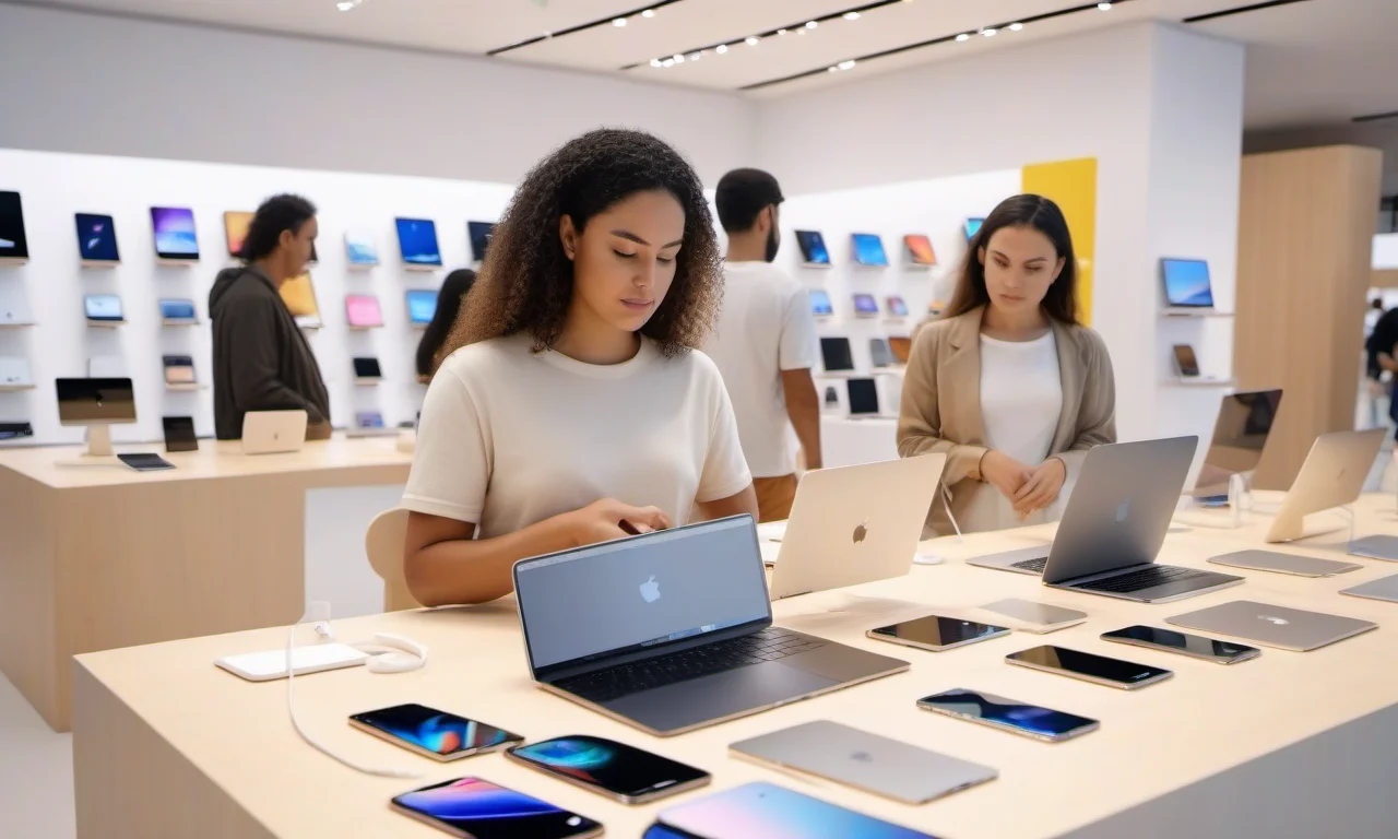 Loja da Apple no Brasil com consumidores diversos.