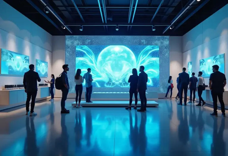 Loja do futuro com clientes interagindo com hologramas