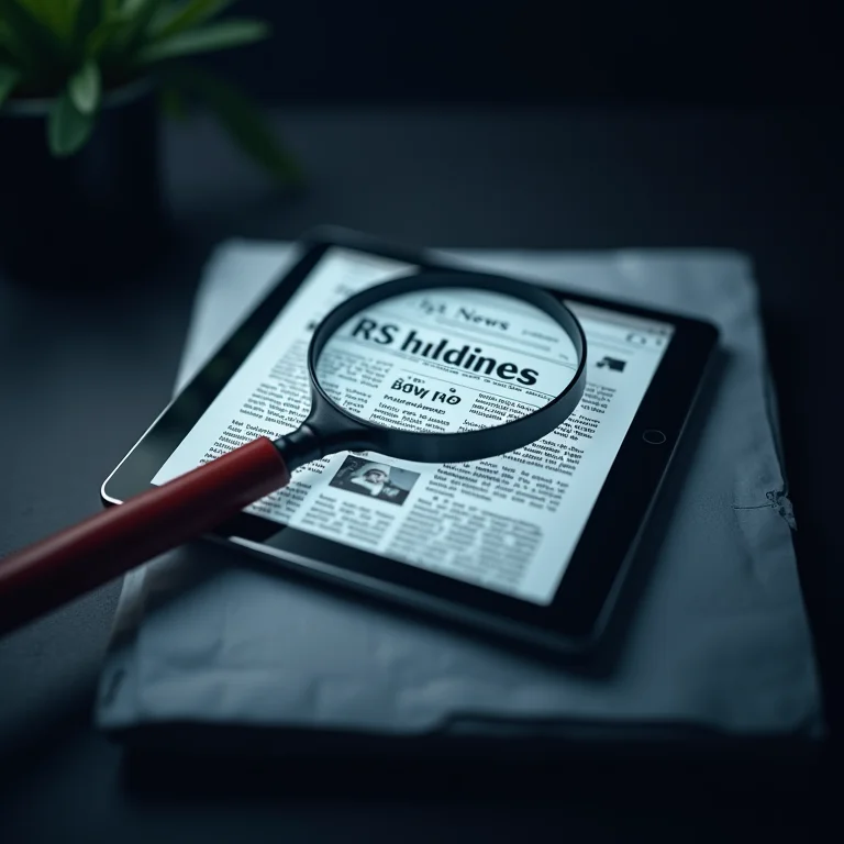 Lupa examinando manchete de notícia em tablet.