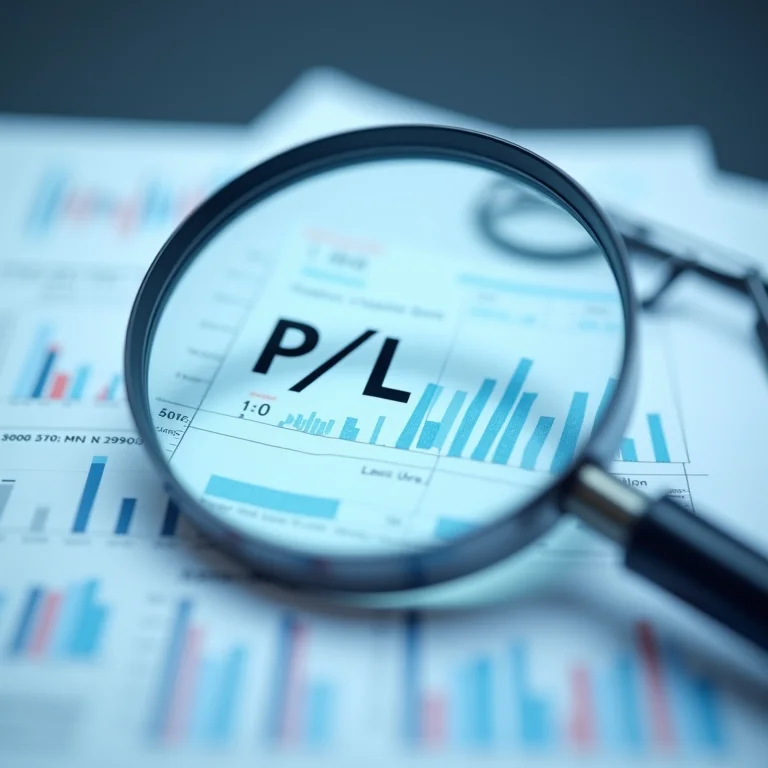 Lupa examinando um relatório financeiro com um alto índice P/L.