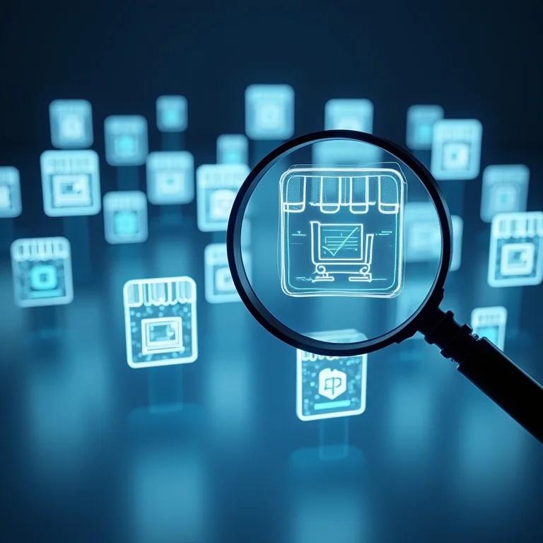 Lupa examinando vitrines online de marketplaces