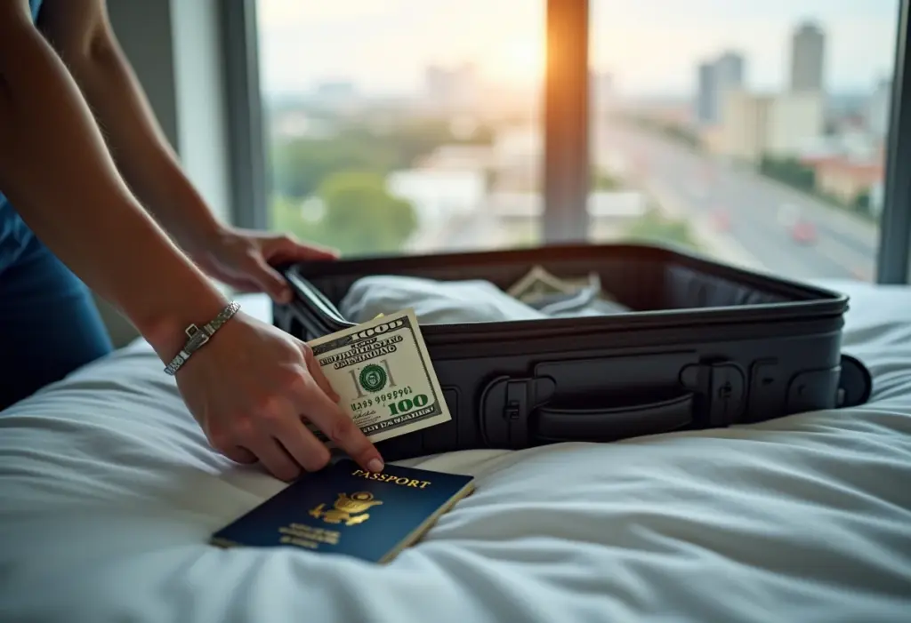 Comprar dólar: O segredo para economizar na sua viagem dos sonhos Mala sendo preparada com dólares e passaporte para viagem internacional.