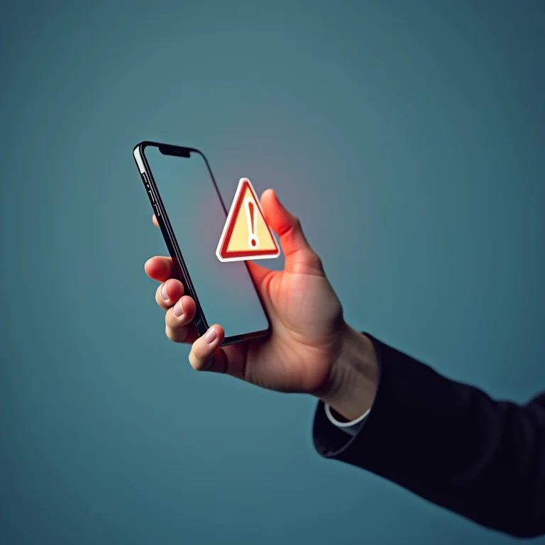 Mão alcançando um smartphone com um aviso de segurança.