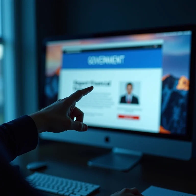 Mão apontando para um site governamental para denunciar fraudes financeiras.