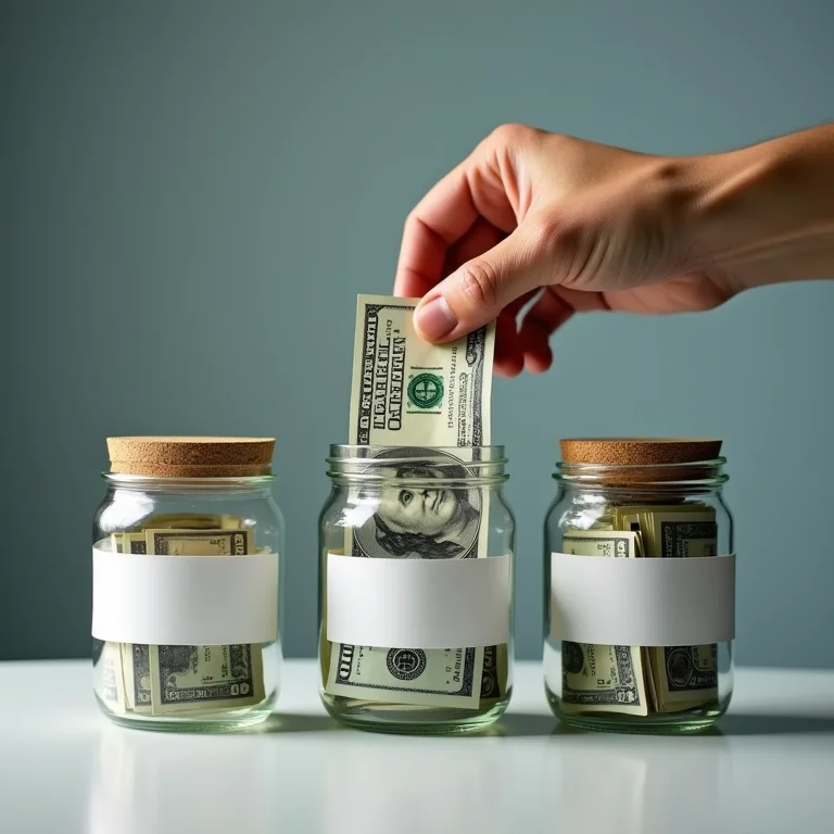 Mão colocando notas de dólar em potes rotulados para viagem