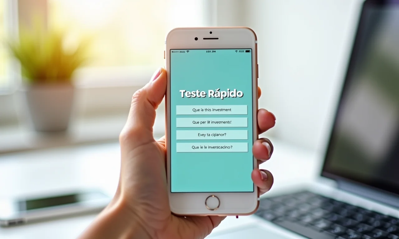 Mão segurando celular com questionário de perfil de investidor.
