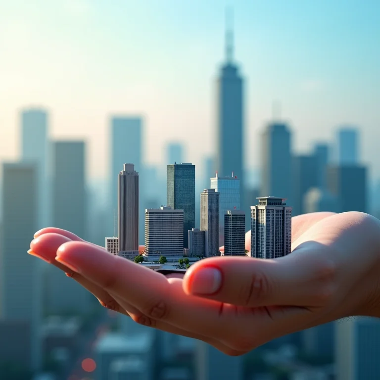 Mão segurando miniaturas de edifícios diversos representando a diversificação
