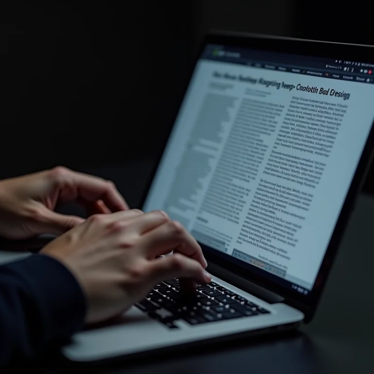 Mãos digitando artigo envolvente em um laptop.