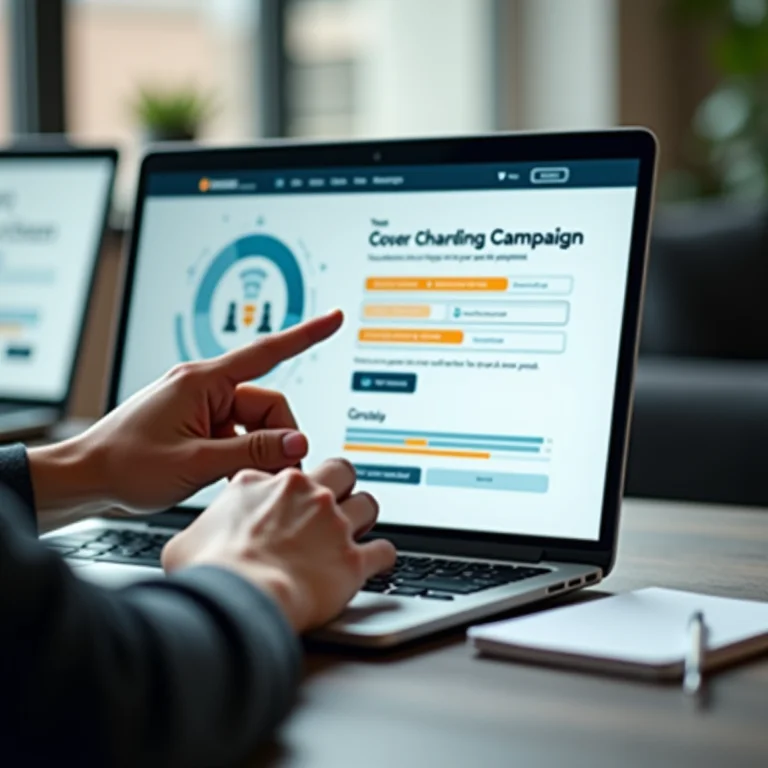 Mãos digitando em um laptop acessando um site de Crowdfunding.