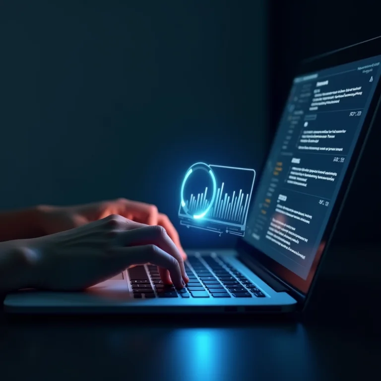 Mãos digitando em um laptop com uma barra de progresso, representando o desenvolvimento do letramento digital.