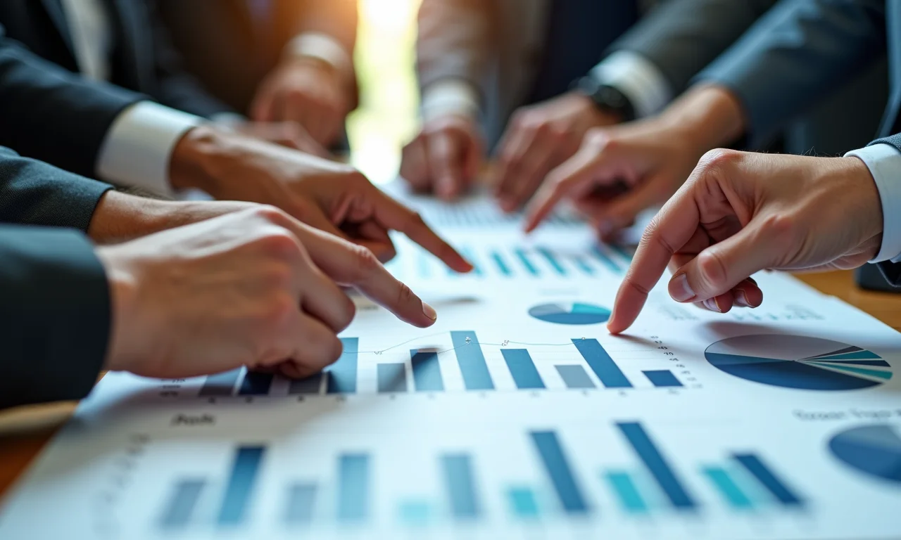 Mãos diversas apontando para relatório financeiro com indicadores chave.