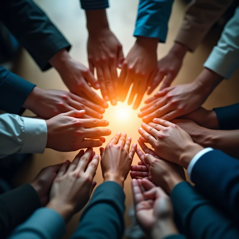 Mãos diversas colaborando em um projeto, representando a colaboração aberta.